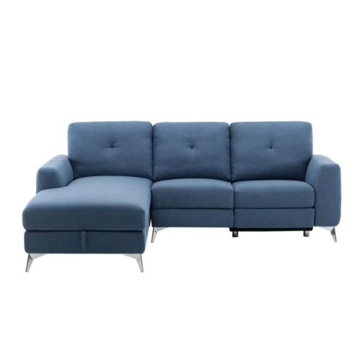 Canapé d'angle gauche relax électrique - 3 places - FRANKLIN - Tissu Bleu - coffre et port USB - L 260 x P 51 x H 90 cm