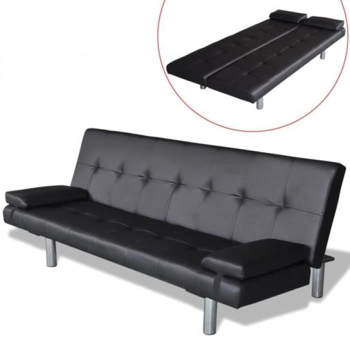 Canapé-lit réglable avec 2 oreillers Banquette clic-clac canapé-lit en cuir Canapé d'angle Canapé convertible Noir HB055